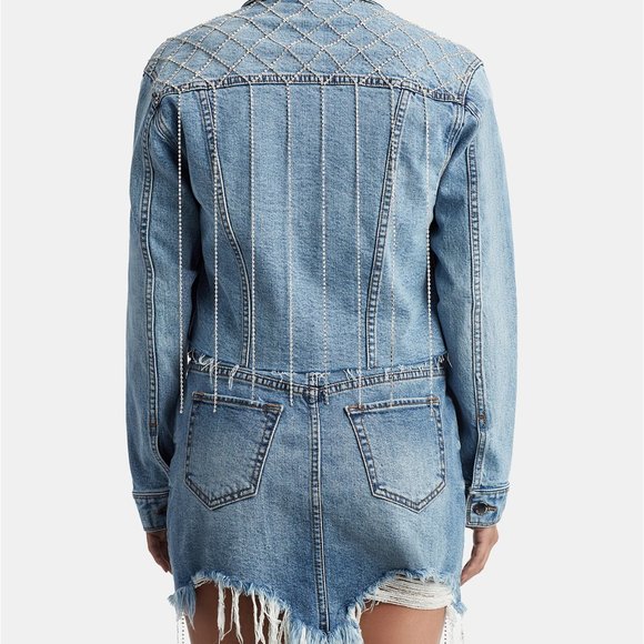 Distressed Jean Jacket with Rhinestone Fringe - Picture 6 of 9